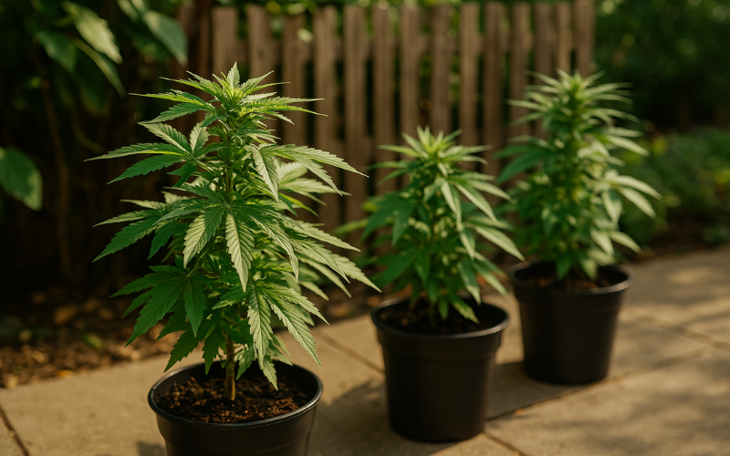Cannabis Pflanzen auf einer Terrasse in einem Topf, welche als Symbolbild für den Automatic Cannabis Grow stehen